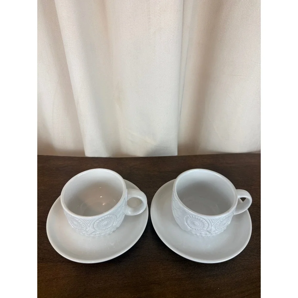 West Elm PAIR (2) White Embossed Ceramic Owl Mugs and Saucers RARE
